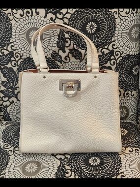 DKNY Ivory Leather Satchel Handbag with Silver Hardware